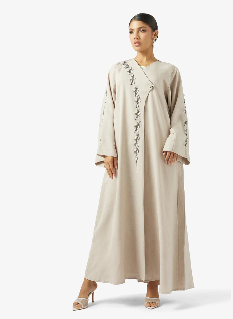 hayas closet  Floral Embellished Open Front Abaya for Women | Best Price UAE